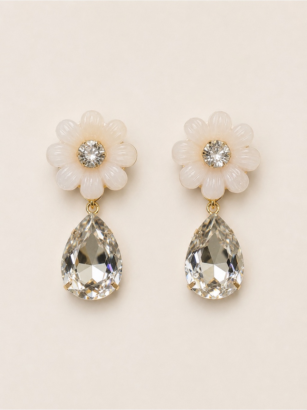 Delicate Cream Daisy Drop Earrings with Clear Teardrop Crystal